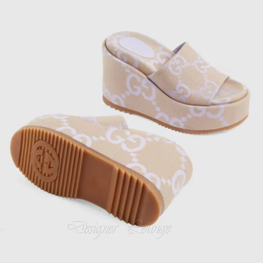 NEW GUCCI Macro GG Beige Monogram Canvas Platform Wedges Size EU 40 US 10